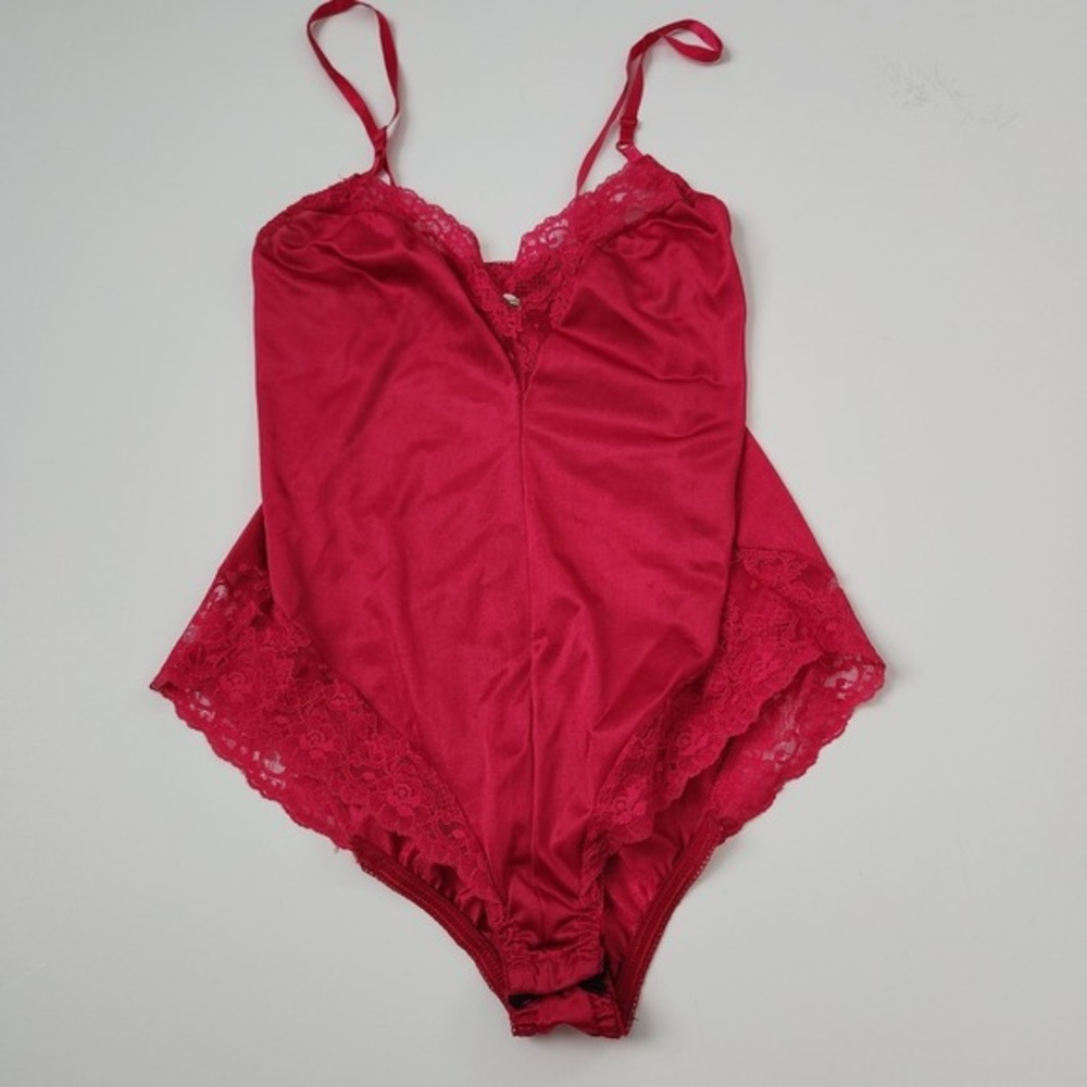 Y2K Vintage Fortune Pink Satin Lace Trim Teddy Bodysuit‎ Lingerie Medium